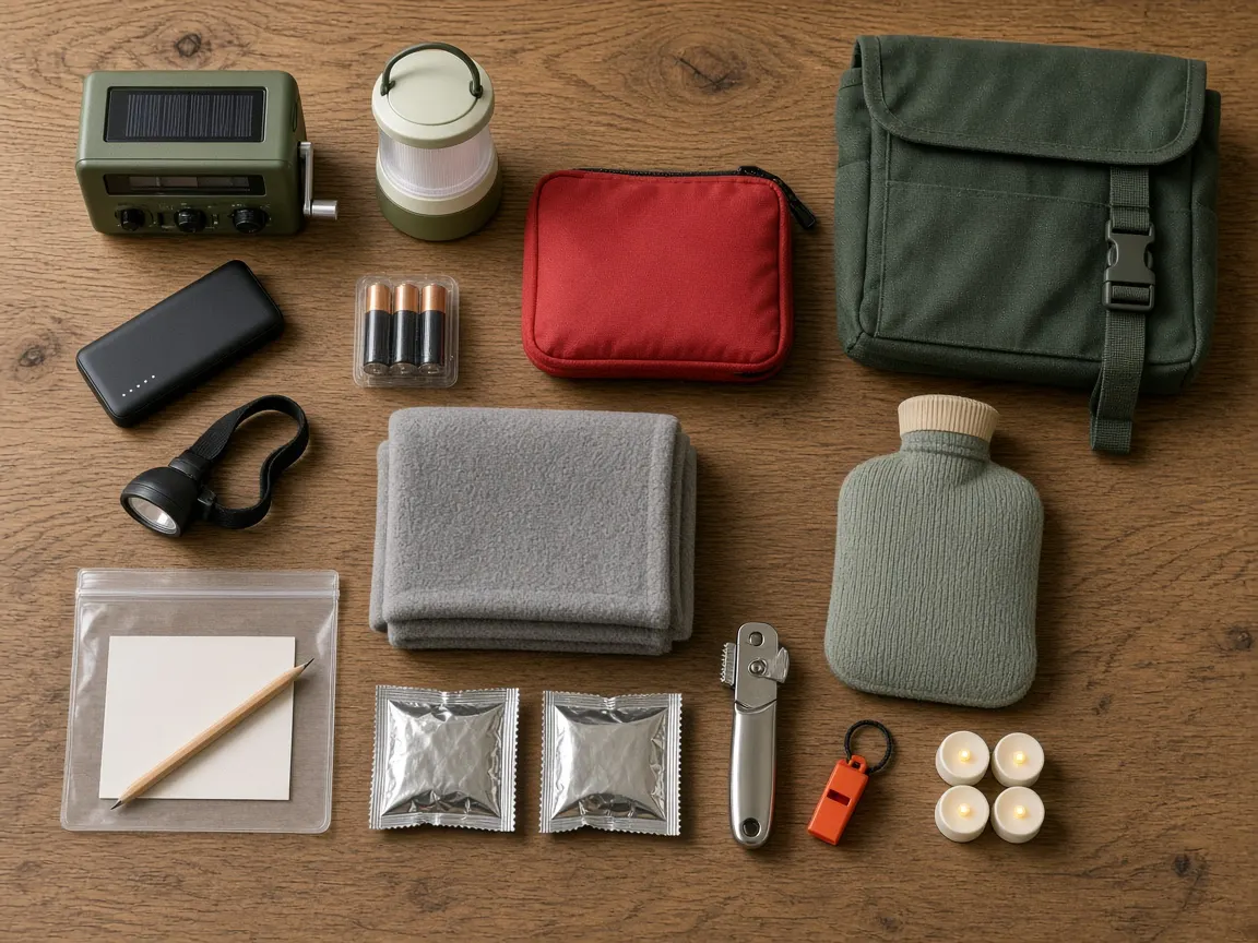 The Home Prep Kit laid out on a kitchen table: wind-up radio, lantern, power bank, head torch, batteries, first aid pouch, fleece and foil blankets, document wallet, tin opener, whistle, hot water bottle, LED tea lights and kit bag