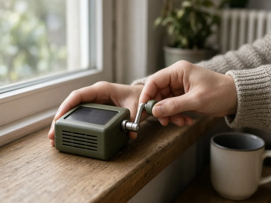 Hands winding the crank on a green solar hand-crank emergency radio on a windowsill